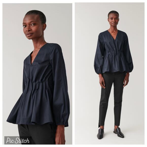 COS Tops - COS Women’s Navy Gathered Pleated Waist Cotton LS Blouse Sz 2 Minimalist EUC